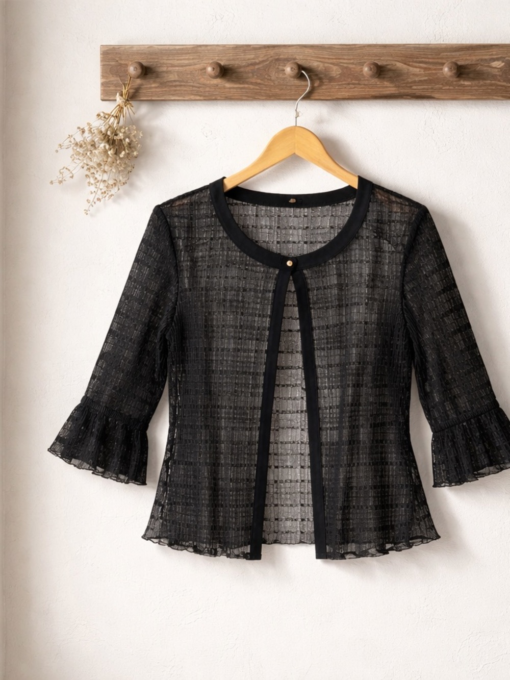 Black Sheer Lace Button-Front Blouse - Women's